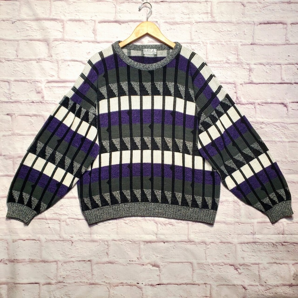 VTG Area By Tag Sweater‎ Mens Large Gray Purple White Knit Pullover Casual 90s
